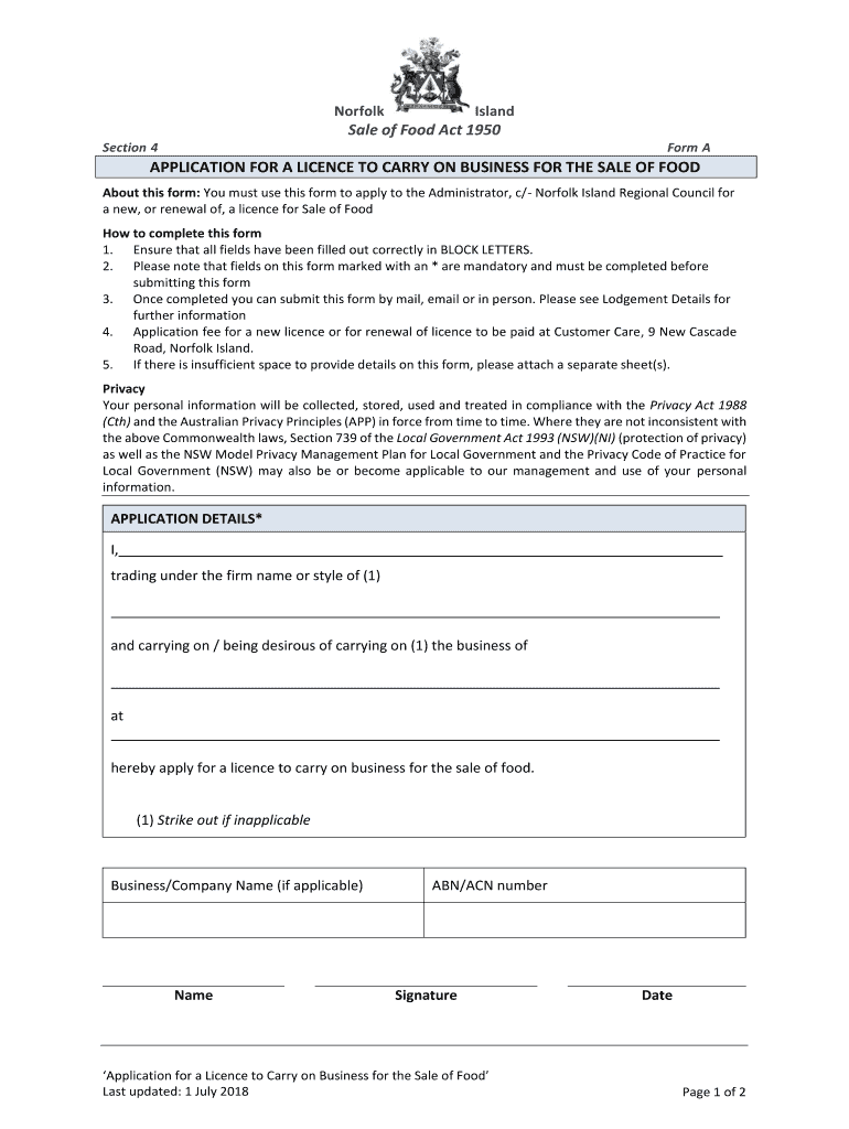 Fillable Online Norfolk Island Sale of Food Act 1950 Section 4 Form A