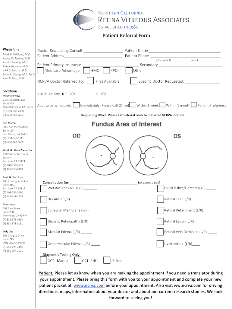 Northern California Retina Vitreous Associates Referral Form Patient Referral Form Preview on Page 1