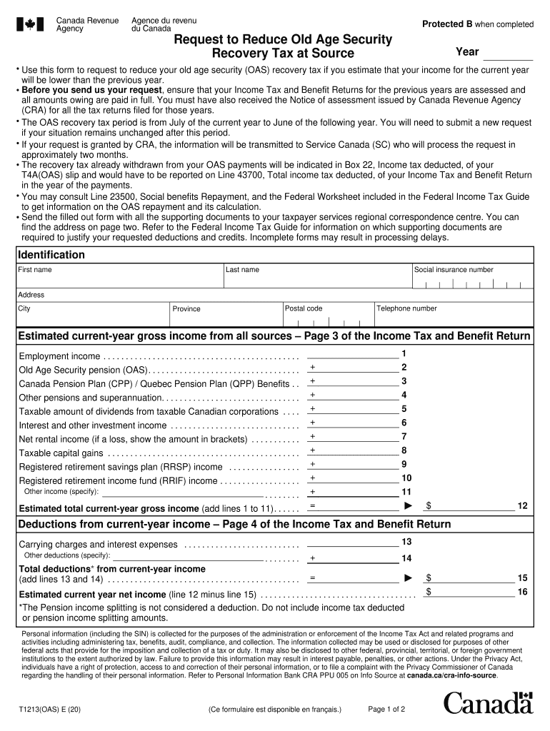 Canada T1213 OAS E 2020 2022 Fill And Sign Printable Template Online