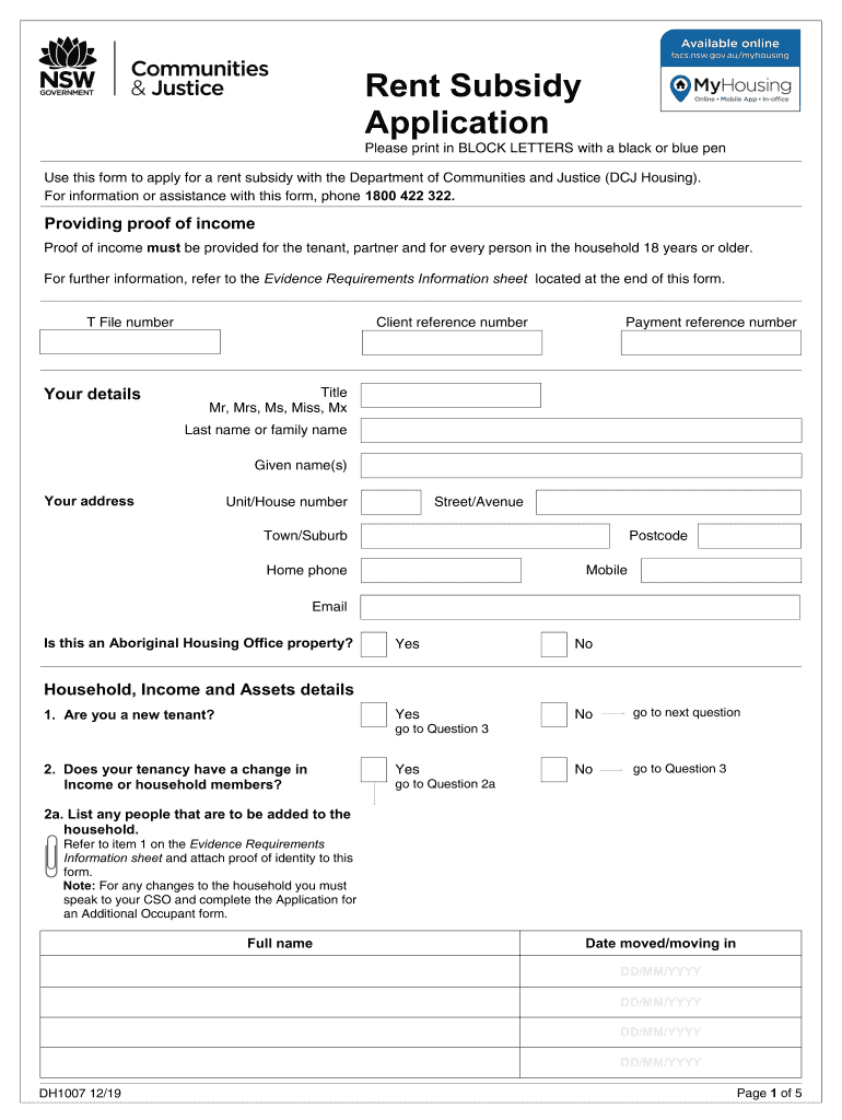 Rent Subsidy Application Form Preview on Page 1