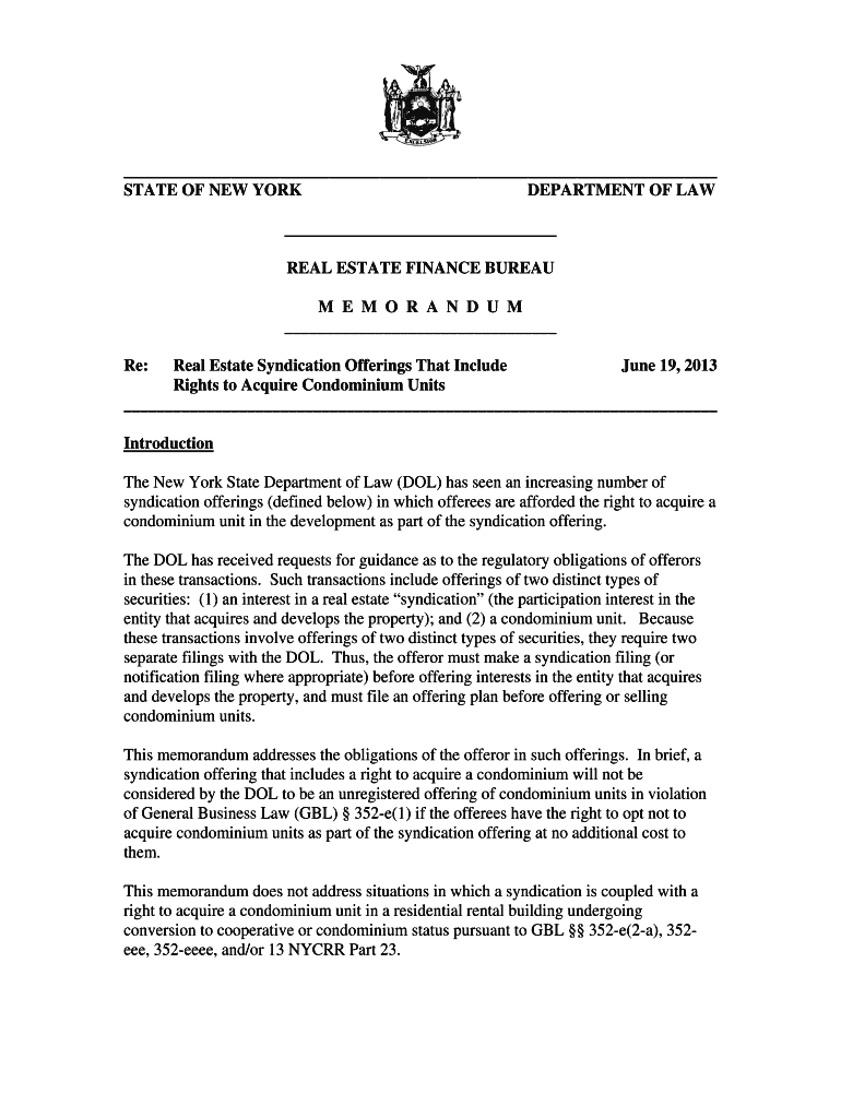 Fillable Online ag ny Real Estate Syndication Offerings That Include