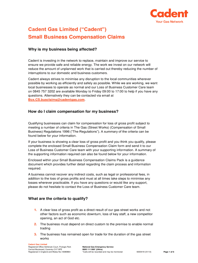 Fillable Online Cadent Small Business Claims Form Shrewsbury BID Fax