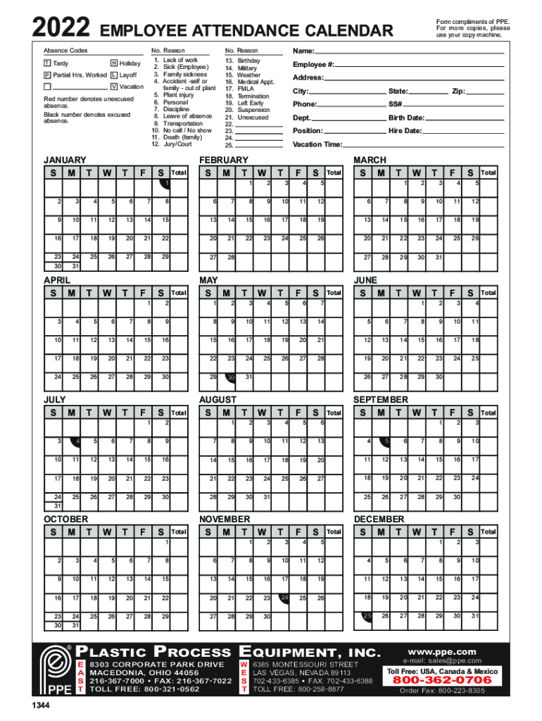 2022 Form PPE Employee Attendance Calendar Fill Online, Printable