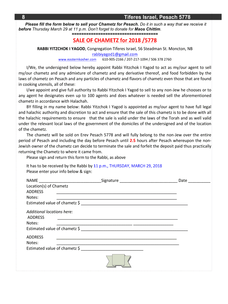 Fillable Online Please fill the form below to sell your Chametz for ...