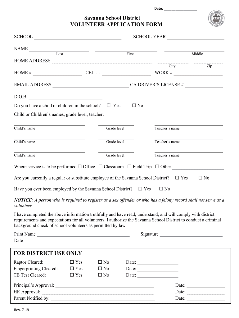 Fillable Online Savanna School District VOLUNTEER APPLICATION FORM