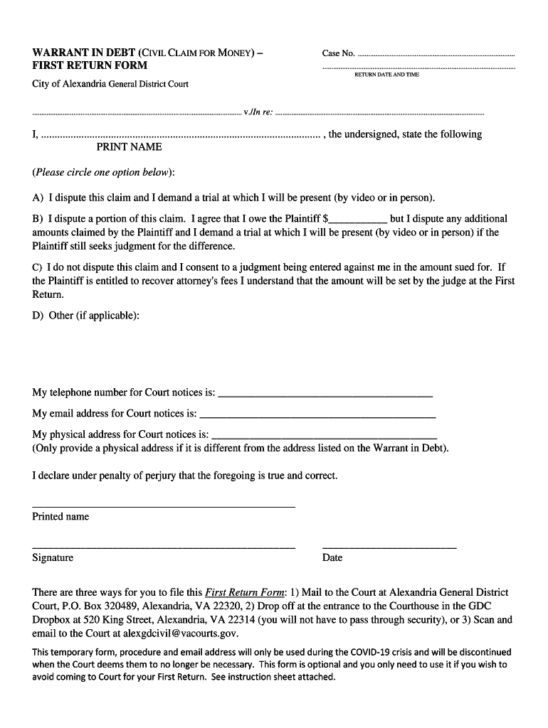 Fillable Online warrant in debt (civil claim for money)first return ...