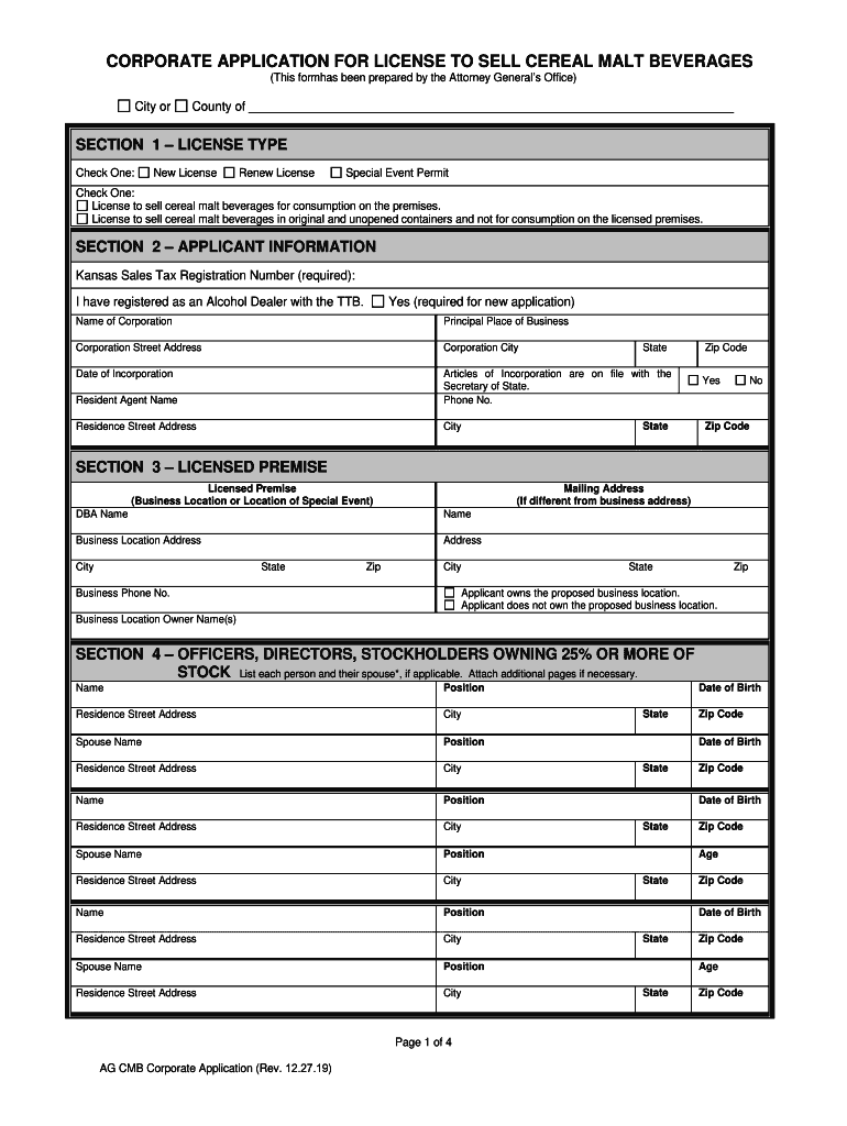 Fillable Online CORPORATE APPLICATION FOR CEREAL MALT BEVERAGE LIQUOR