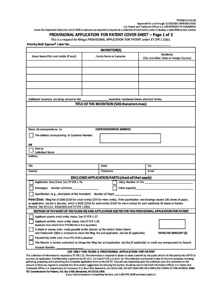 2020 2022 Form USPTO PTO SB 16 Fill Online Printable Fillable Blank 