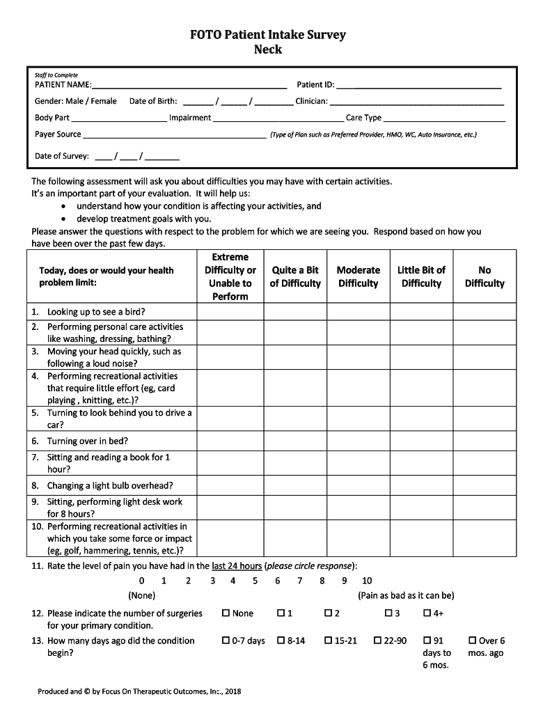 Fillable Online FOTO Patient Intake Form - Campbell Physical Therapy ...