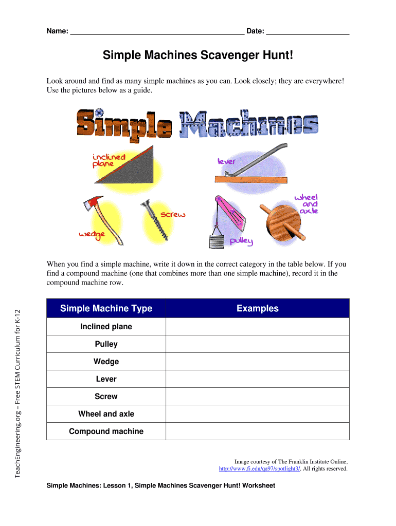Simple Machine Scavenger Hunt Fill Online, Printable, Fillable, Blank
