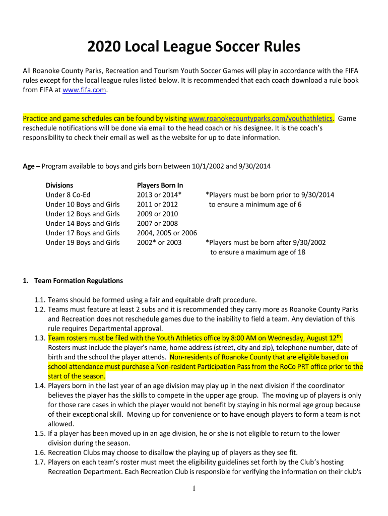 Fillable Online YOUTH SOCCER RULES AND REGULATIONS Fax Email Print