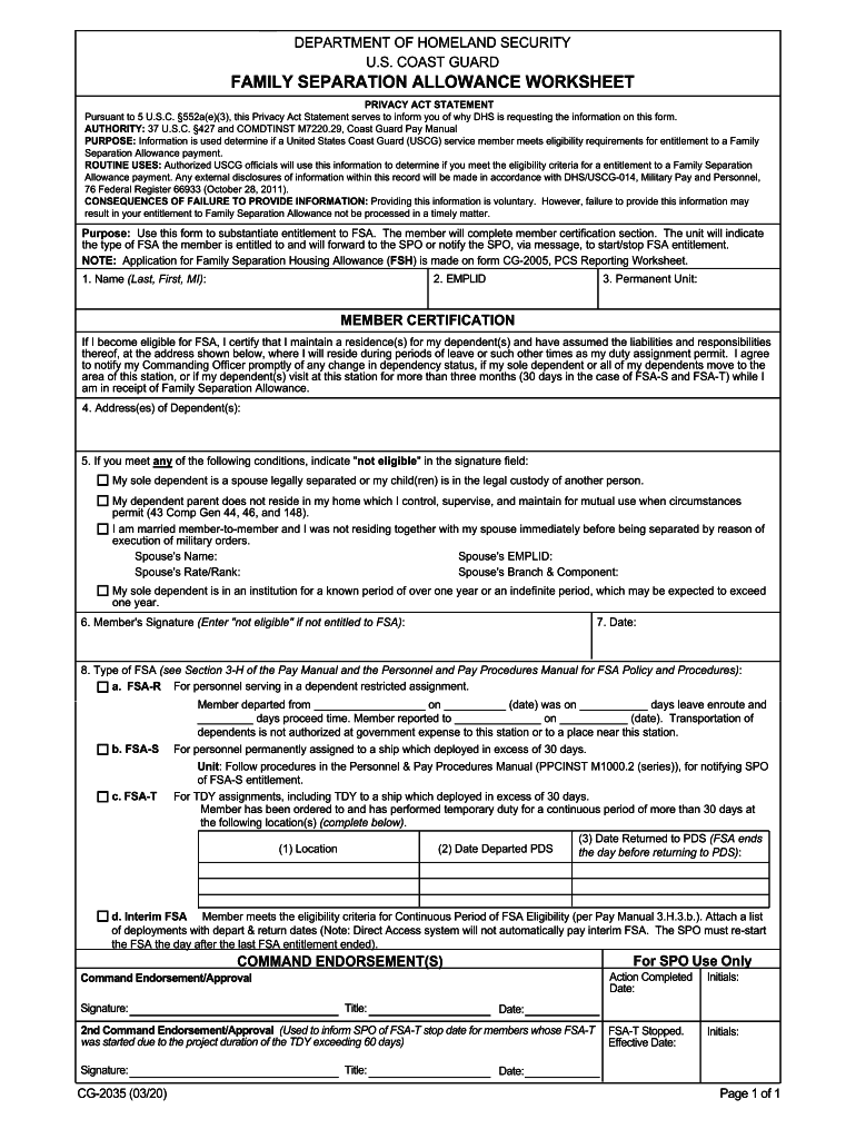 Fillable Online family separation allowance worksheet. Department of
