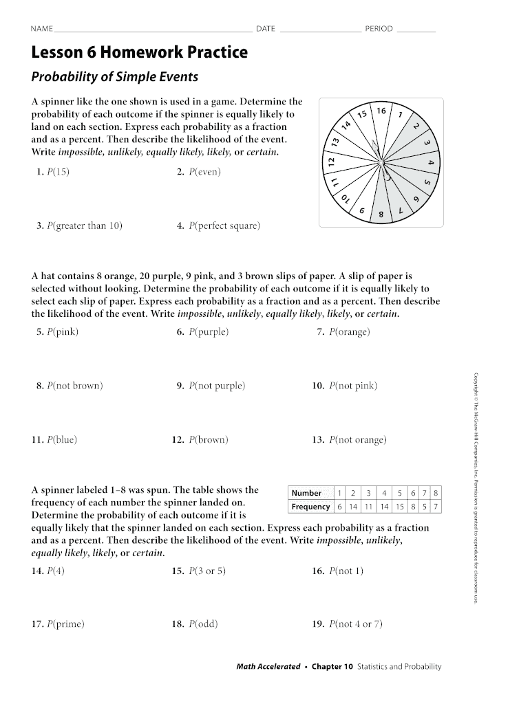 Lesson 1 homework practice probability of simple events fill and sign printable template
