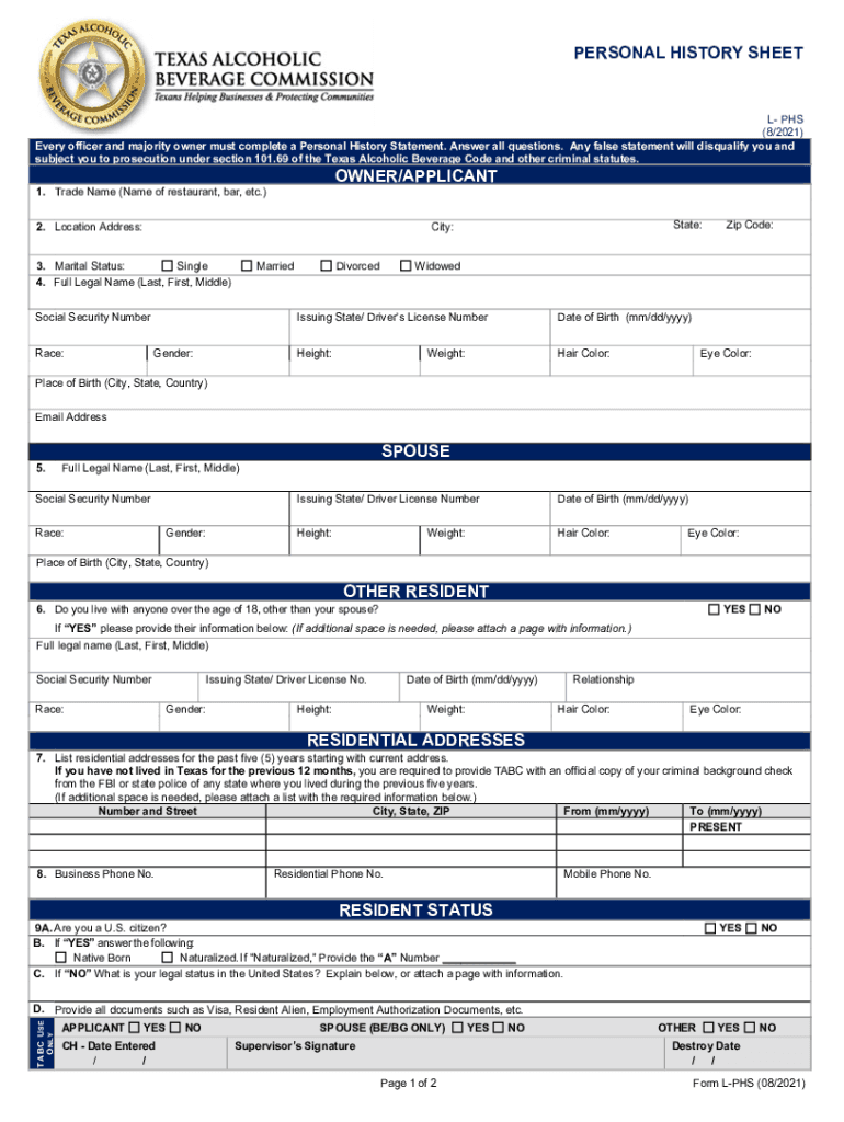 personal history sheet Preview on Page 1