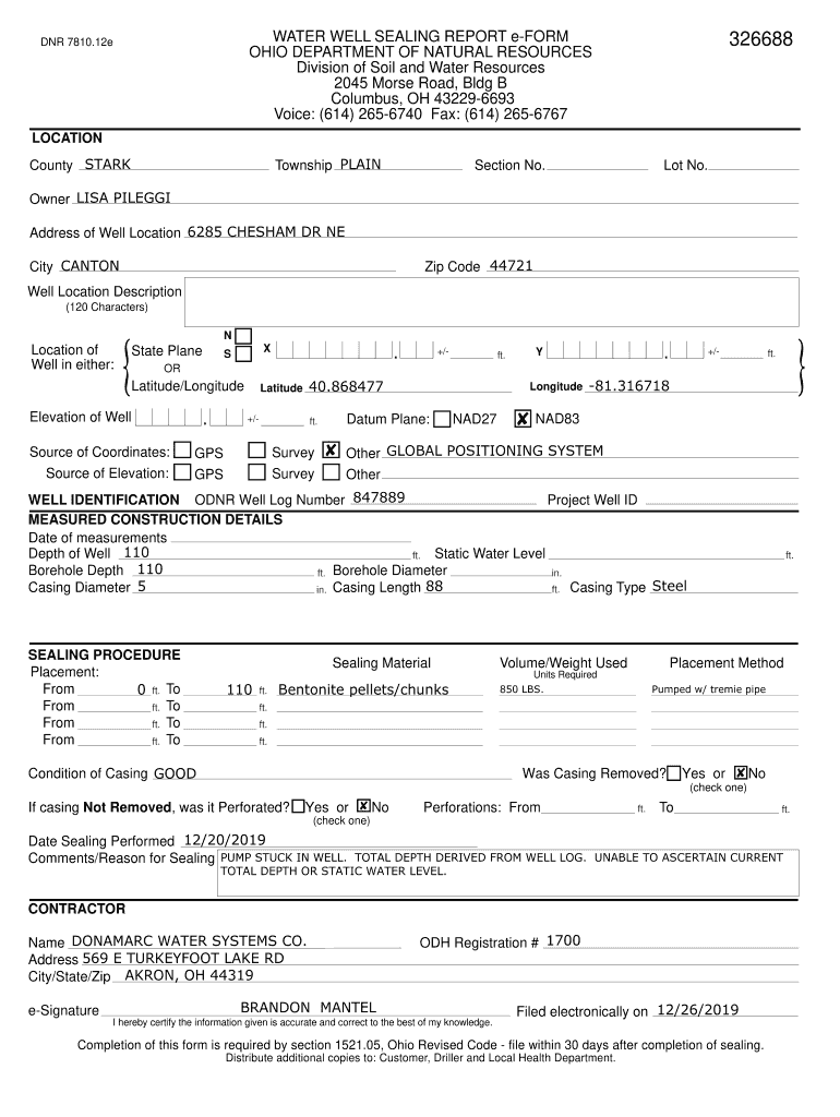 DNR 7810.12e WATER WELL SEALING REPORT EFORM OHIO DEPARTMENT