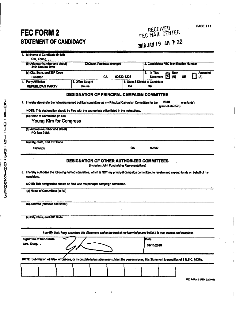 Fillable Online FEC Form 2 Statement of Candidacy FEC.gov Fax Email