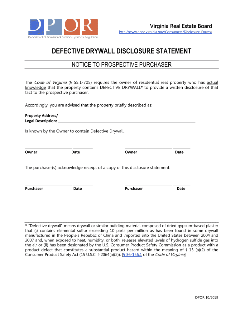 defective drywall disclosure statement - DPOR - Virginia Preview on Page 1