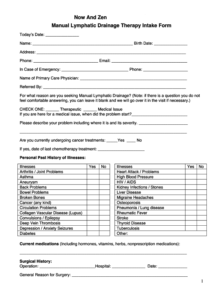 lymphatic drainage massage intake form Preview on Page 1