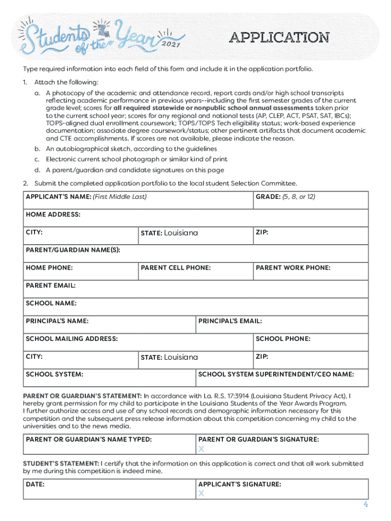 student of the year application Preview on Page 1.