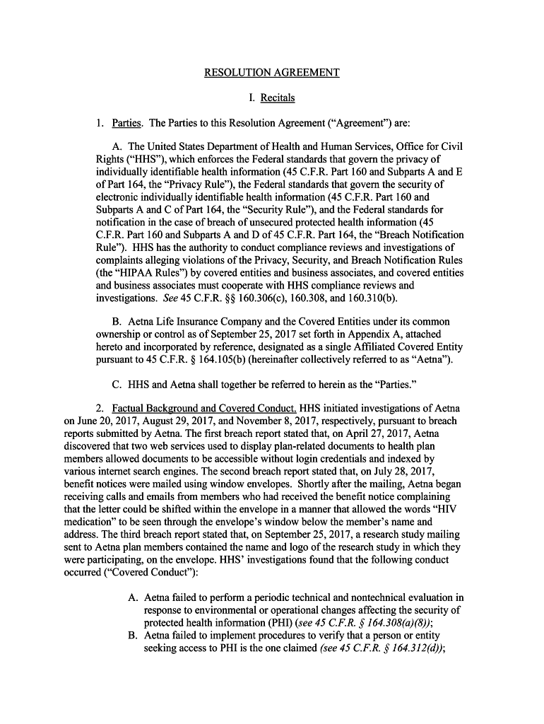 Fillable Online Aetna Resolution Agreement and Corrective Action Plan ...
