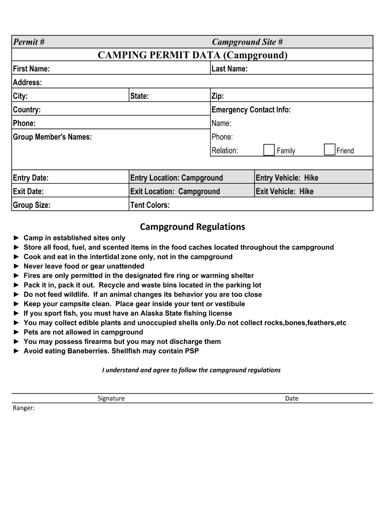 Fillable Online Camper Permit Data form 2020 Campground.xlsx Fax Email
