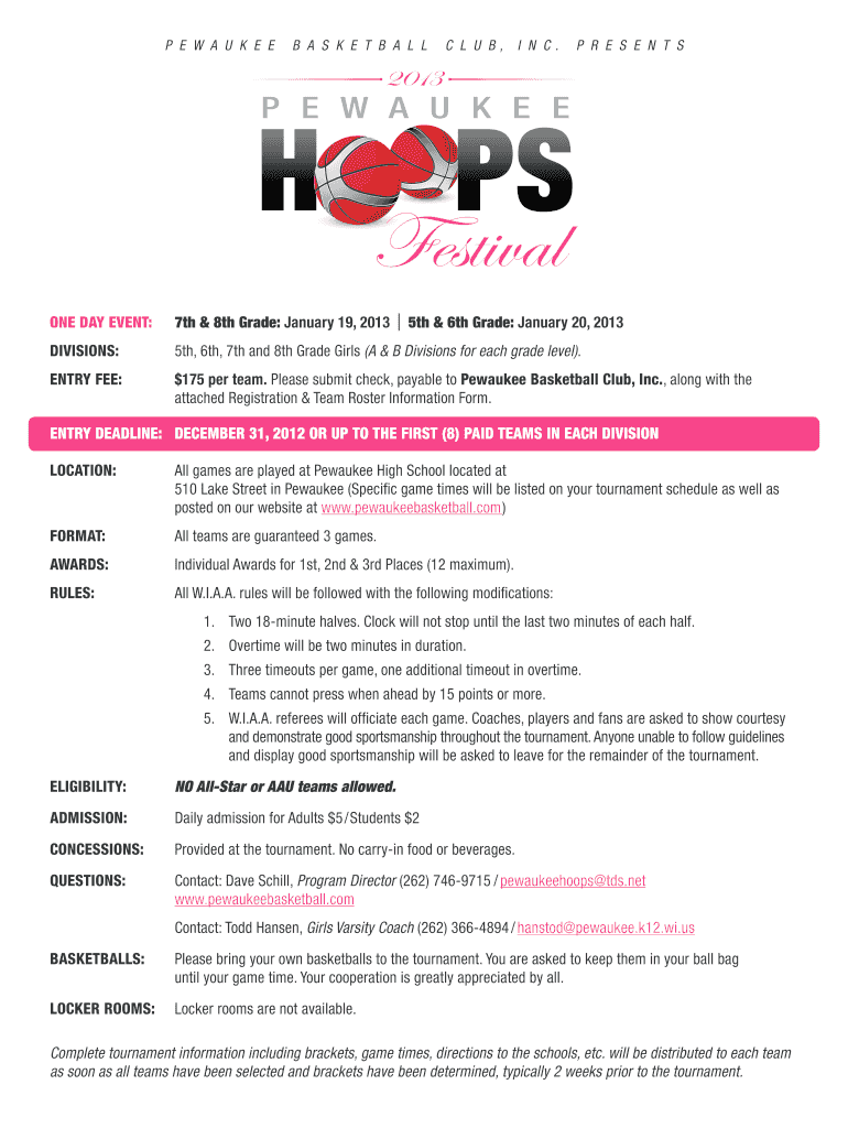 Fillable Online Pewaukee Jr. Pirates Basketball Pewaukee Basketball