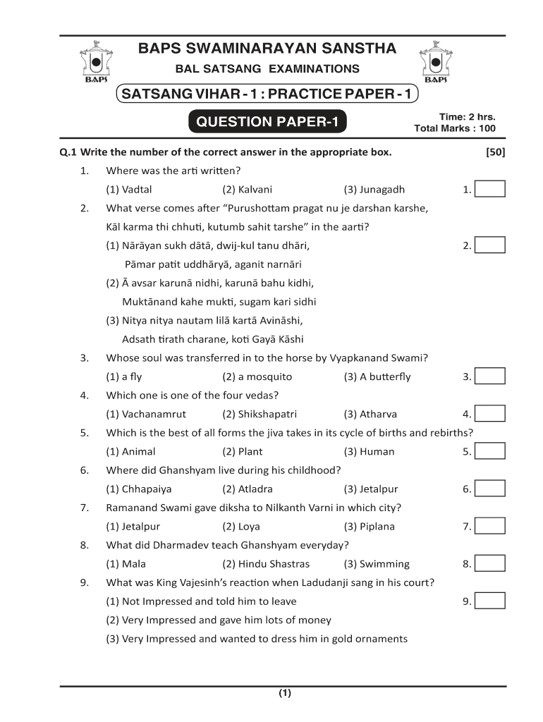 Baps Satsang Exam Fill Online Printable Fillable Blank PdfFiller
