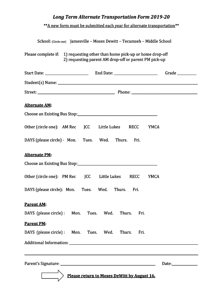 Alternate Transportation Form - Jamesville Dewitt School District Preview on Page 1