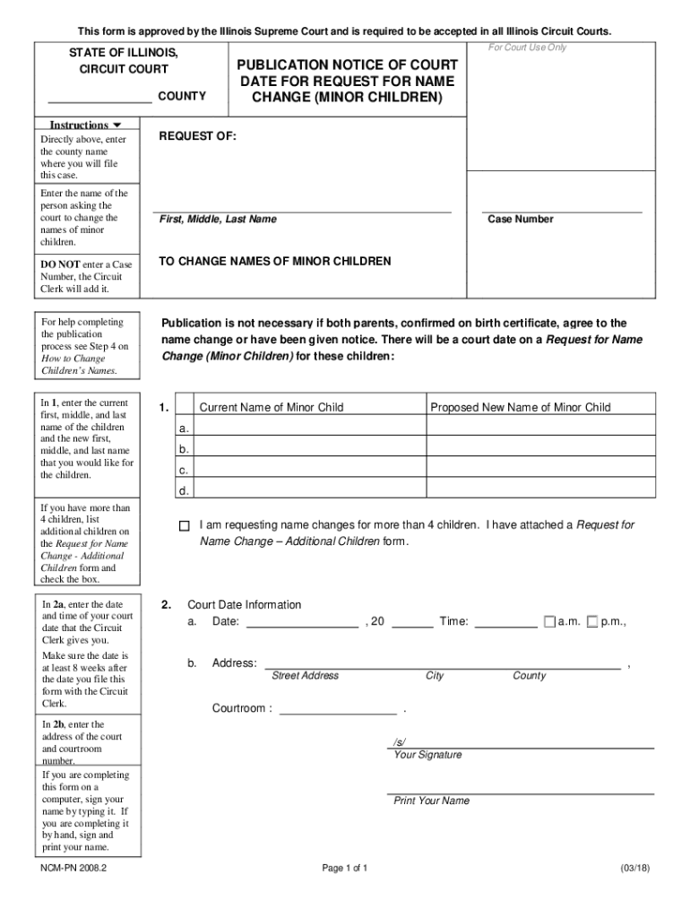 2018 IL Publication Notice of Court Date for Request for Name Change (Minor Children) Preview on Page 1