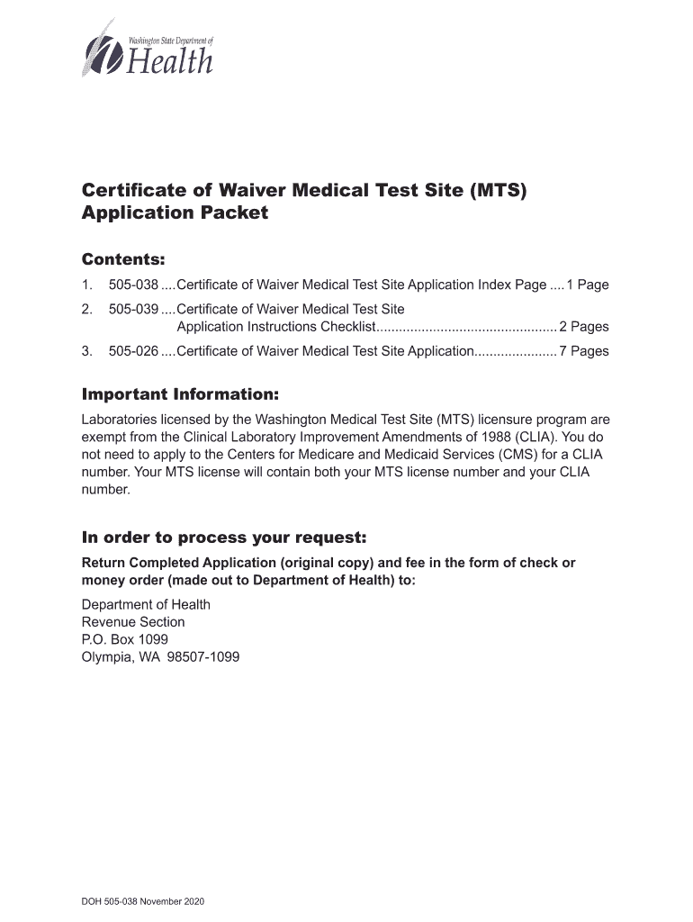 Certificate of Waiver Medical Test Site (MTS) Application Packet Preview on Page 1