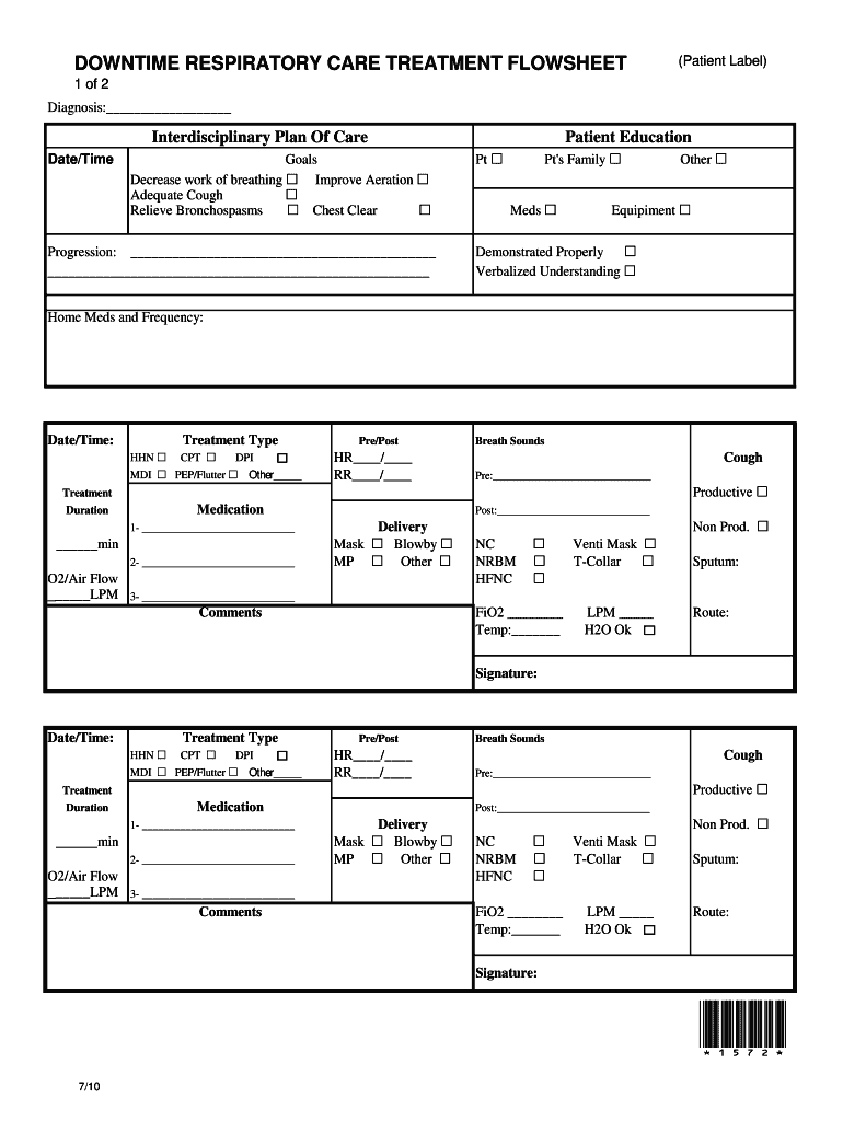 DOWNTIME RESPIRATORY CARE TREATMENT FLOWSHEET Preview on Page 1