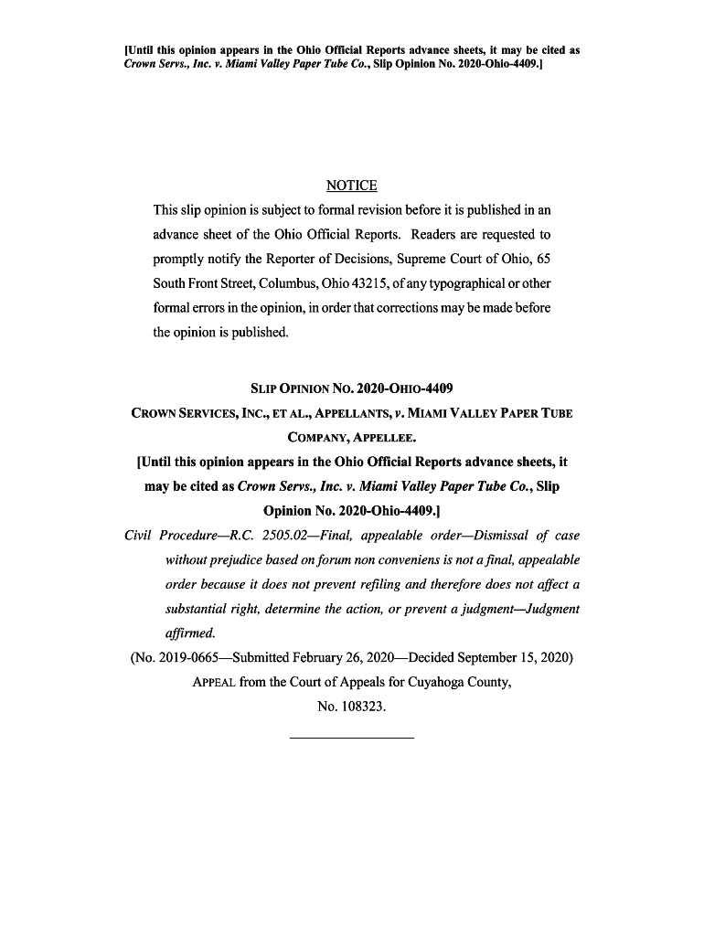Fillable Online Crown Servs., Inc. v. Miami Valley Paper Tube Co. (Slip