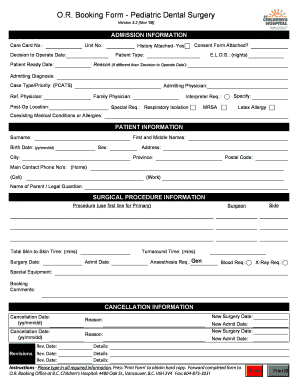 O.R. Booking Form - Pediatric Dental Surgery