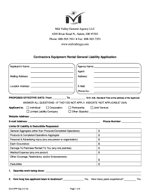 Contractors Equipment Rental General Liability Application