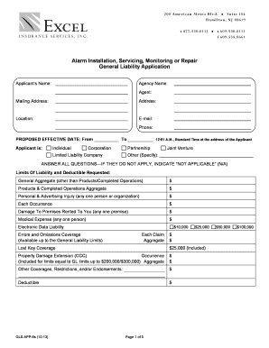 General Liability Application for Alarm Businesses