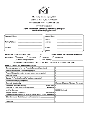 General Liability Application for Alarm Services