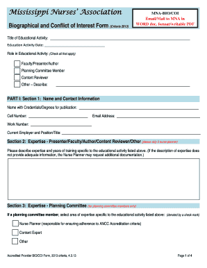 Mississippi Nurses Association Biographical and Conflict of Interest Form