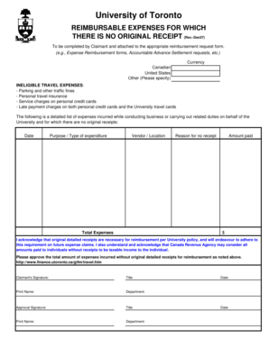 University of Toronto Reimbursable Expenses Form