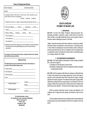 South Carolina Terms of Employment Notice