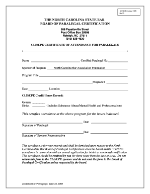 CLE/CPE Certificate of Attendance for Paralegals