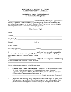US Bankruptcy Court Limited Use Application