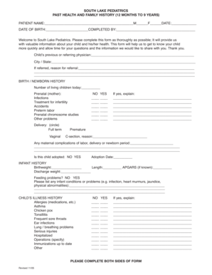 South Lake Pediatrics Health History Form