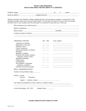 South Lake Pediatrics Health and Family History Form