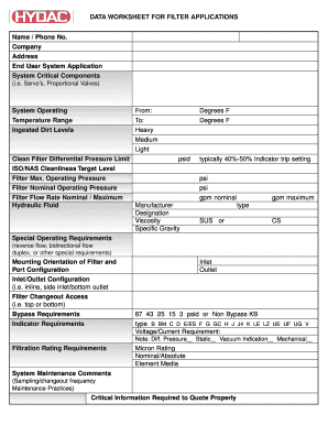 Data Worksheet for Filter Applications