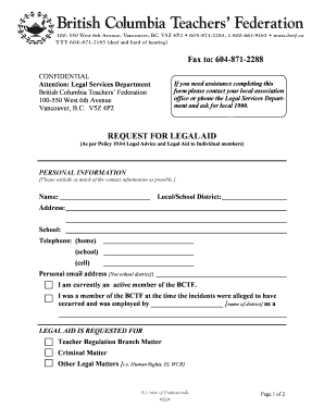 British Columbia Teachers' Federation Legal Aid Request Form