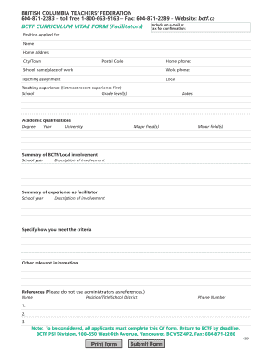 British Columbia Teachers' Federation Curriculum Vitae Form