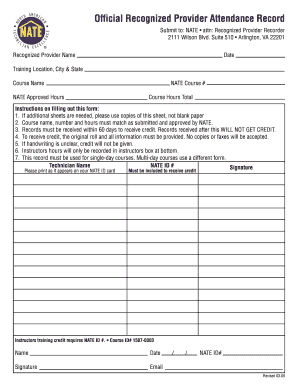 NATE Recognized Provider Attendance Record