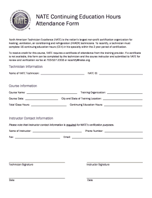 NATE Continuing Education Hours Attendance Form - natex