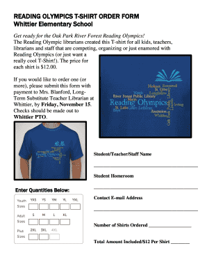 READING OLYMPICS T-SHIRT ORDER FORM Whittier Elementary ... - op97