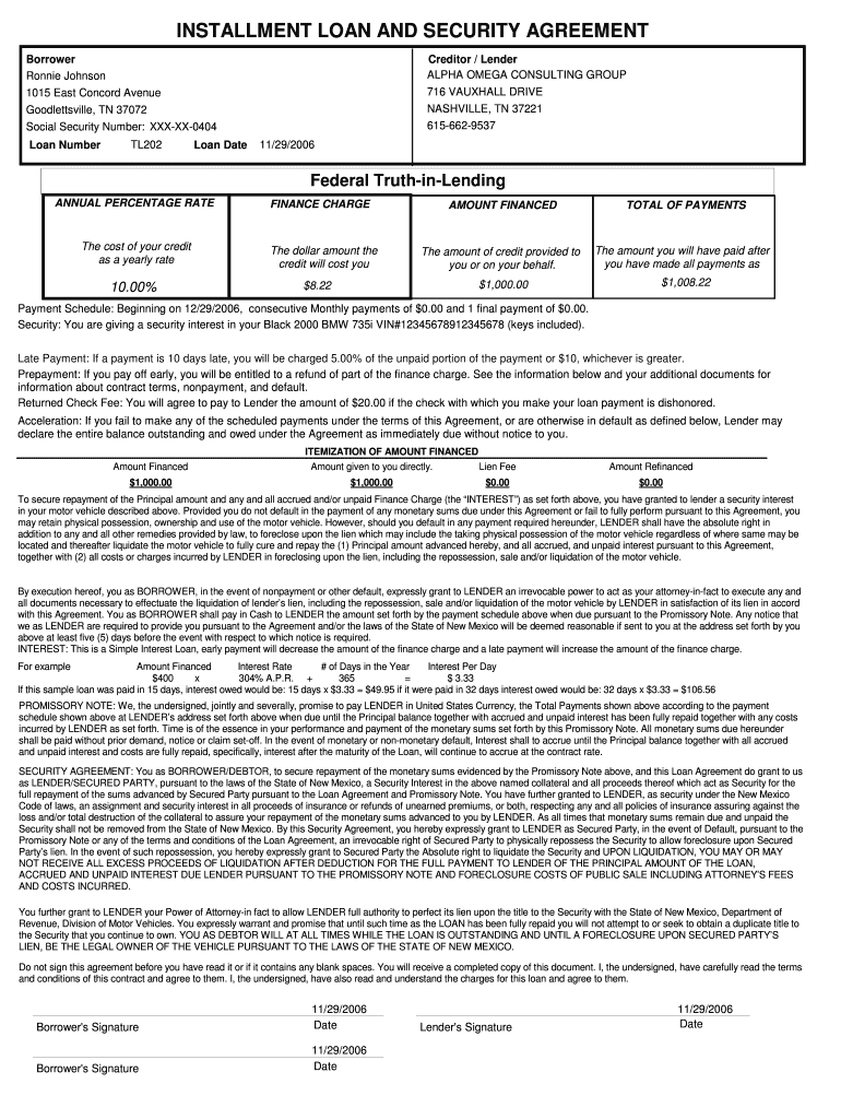 title loan agreement template Preview on Page 1